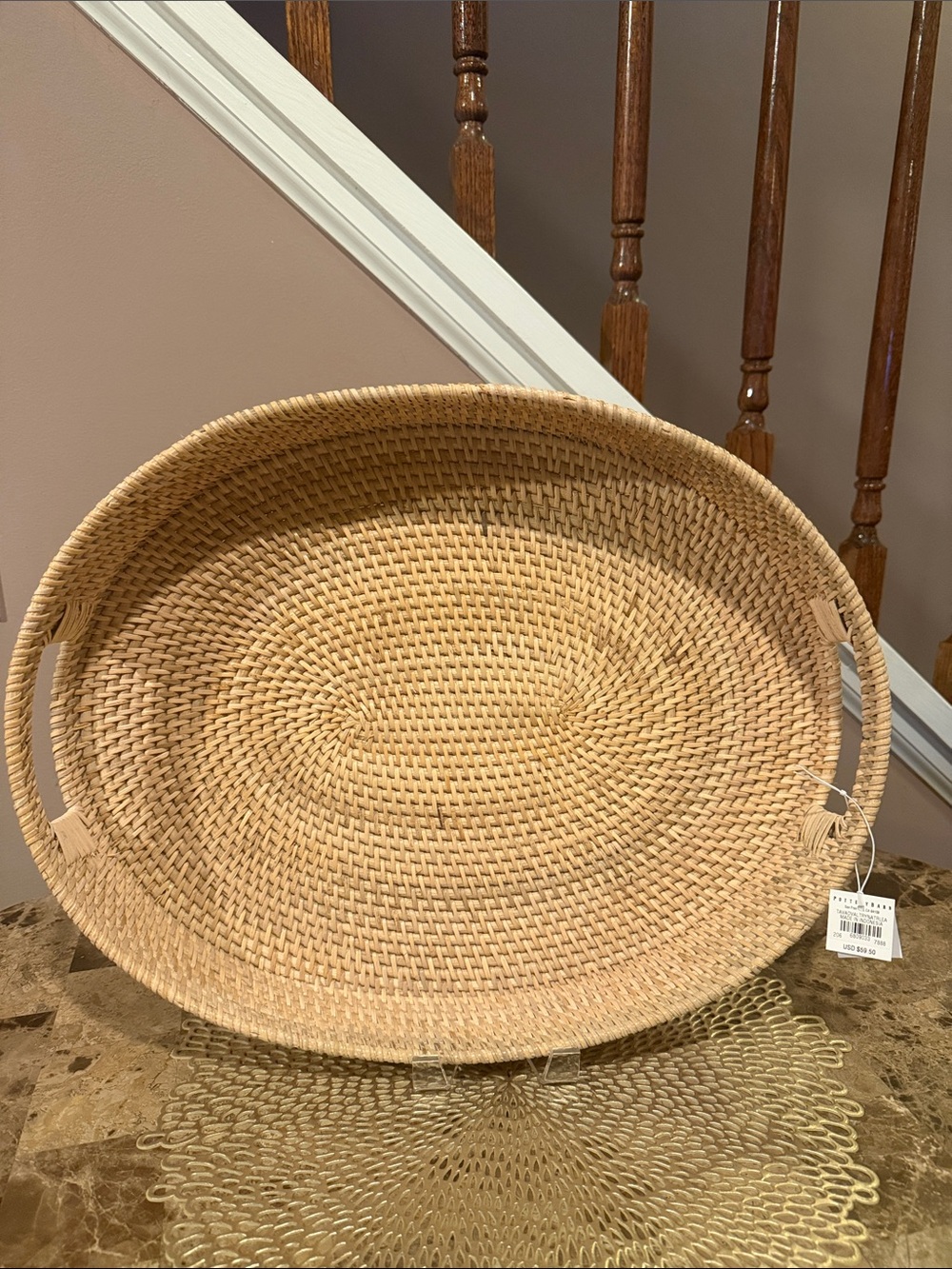 Pottery Barn Tava Natural Handwoven Oval Tray with Side Handles